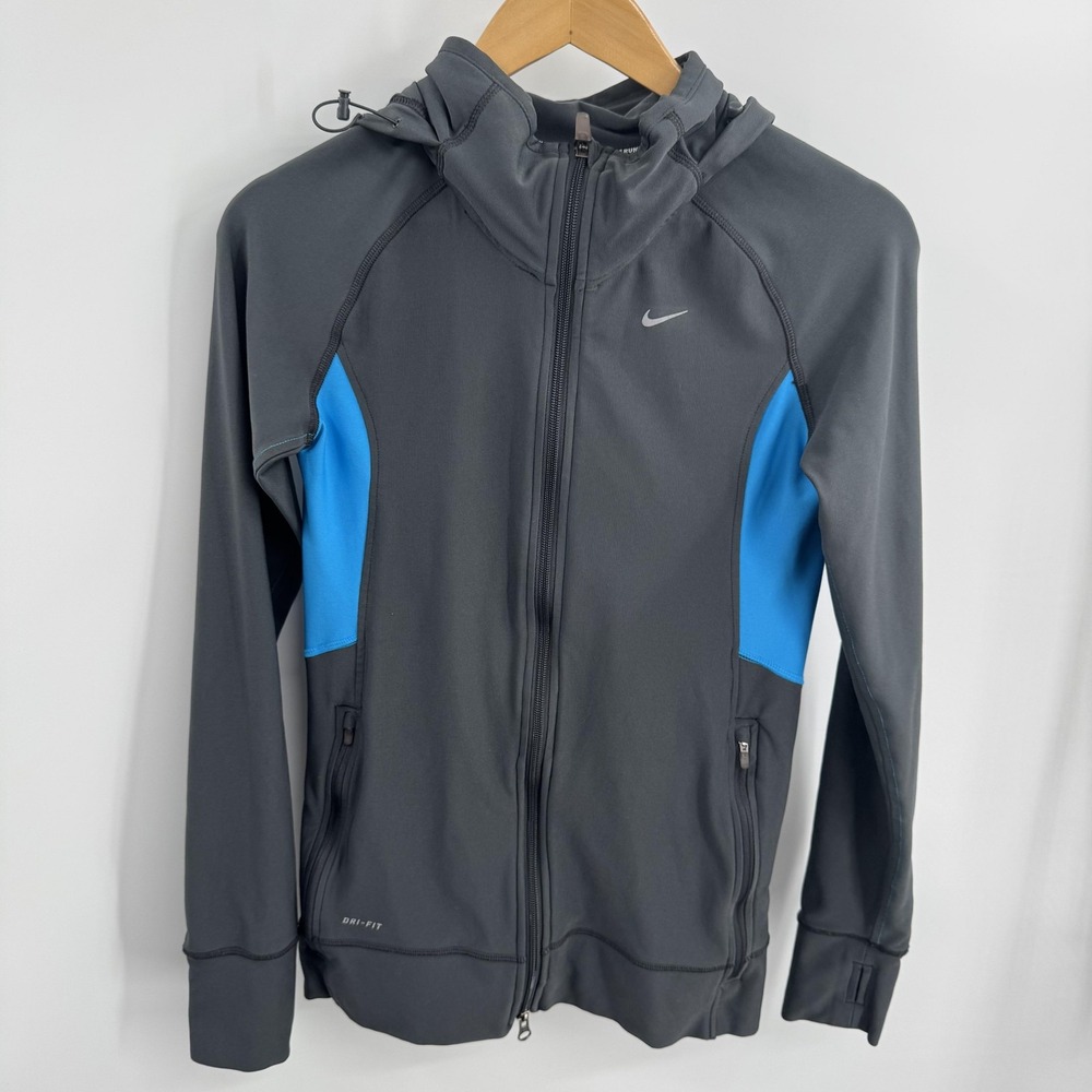 Nike Womens Dri-Fit Full Zip Hooded Jacket Size S Gray Blue Run Active Training
